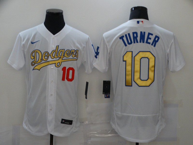 Men's Los Angeles Dodgers #10 Justin Turner White Gold 2021 Stitched Jersey
